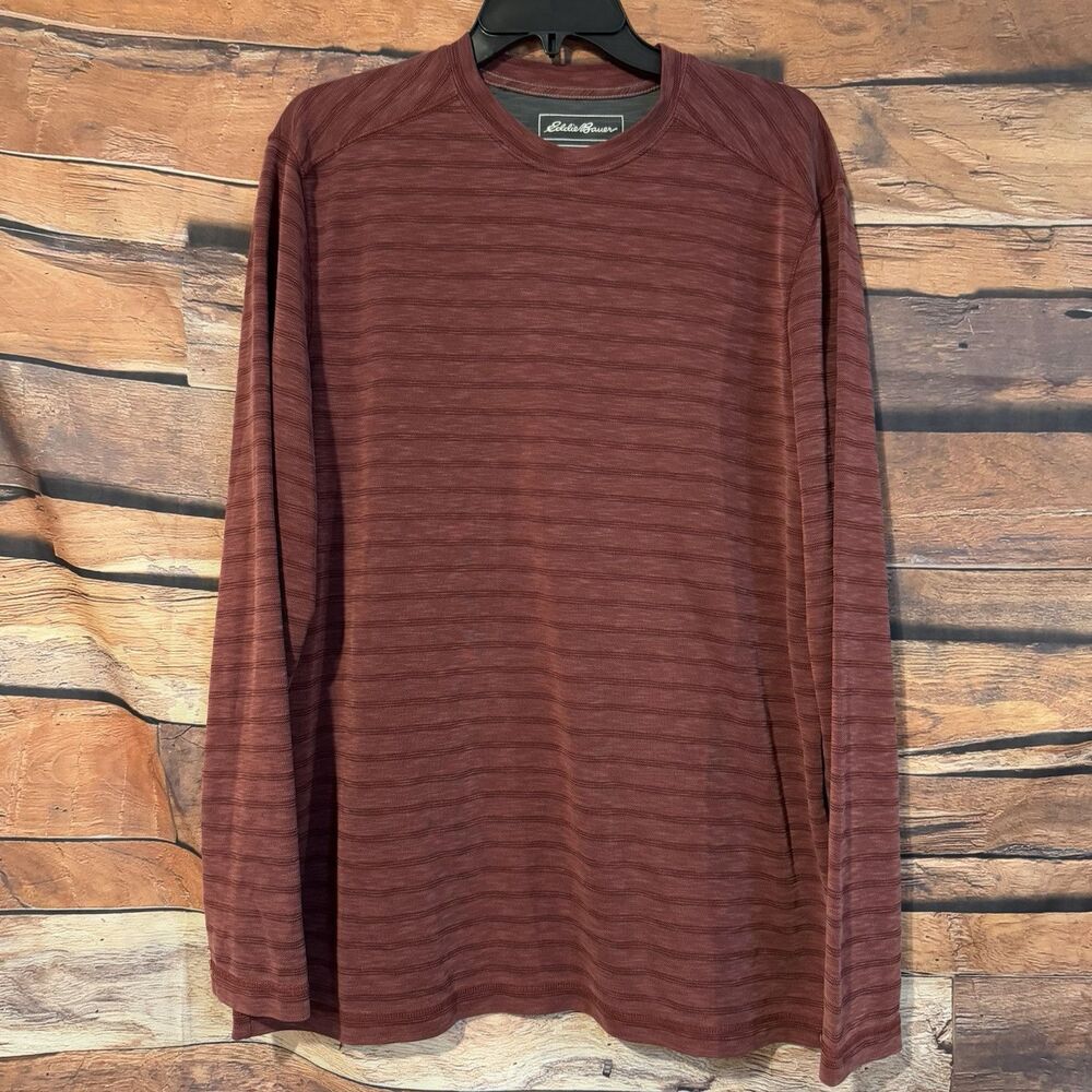 Eddie Bauer Men’s Large Maroon Striped Long Sleeve Crewneck Shirt Soft Hike